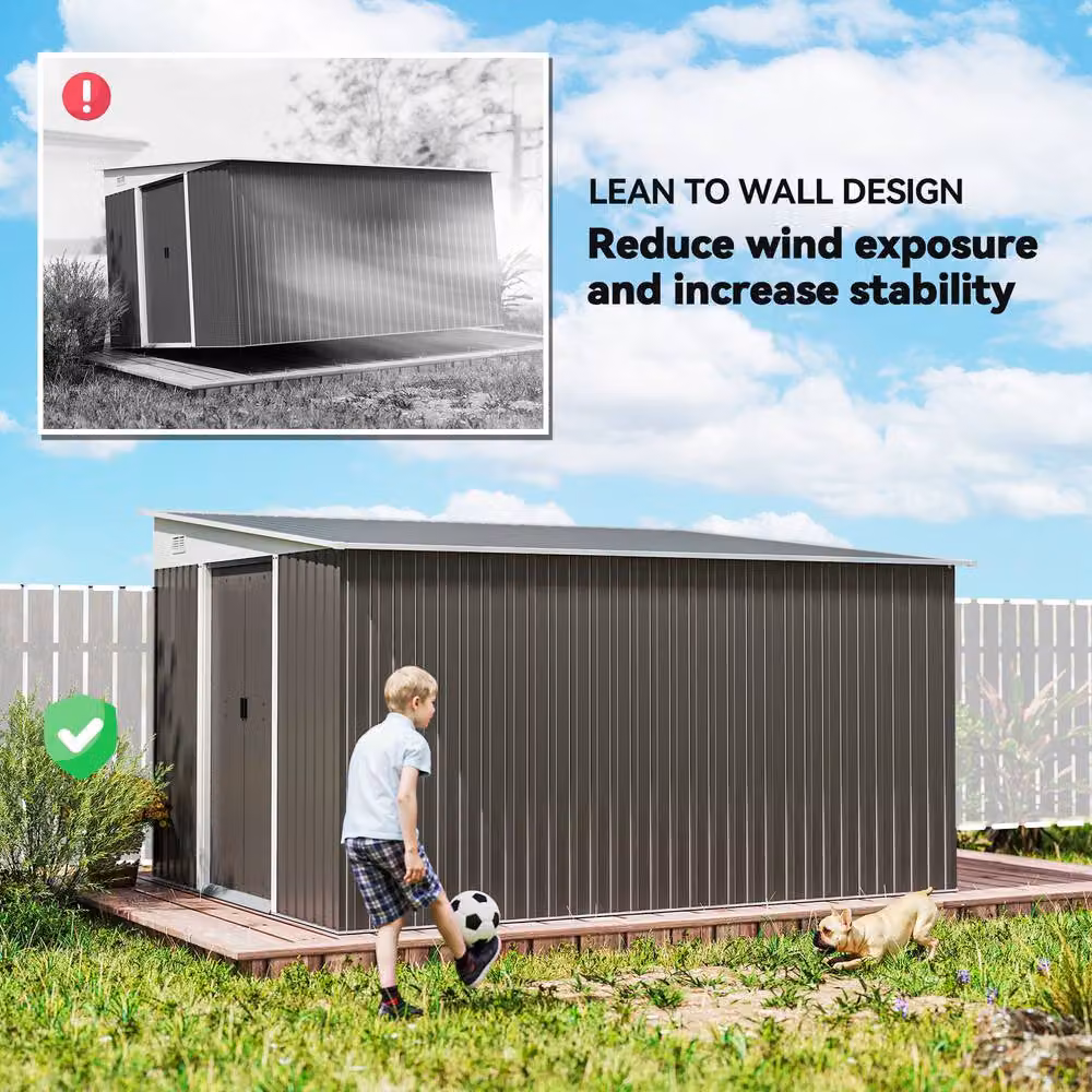 Rolipo Grey Metal Lean-To Pent Garden Shed with Sliding Doors – 5