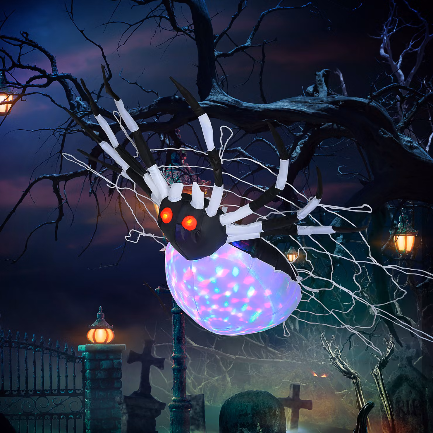 HOMCOM Hanging Inflatable Halloween Spider with Multicolour LED Lights in White and Red – 2