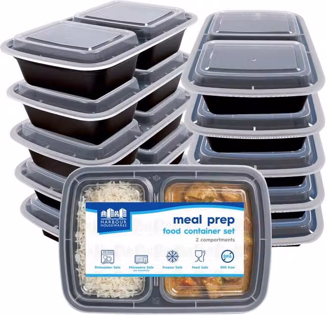 Harbour Housewares Reusable Meal Prep Containers with Snap Lids, 2 Compartments, 800ml, Pack of 10, Black – 2
