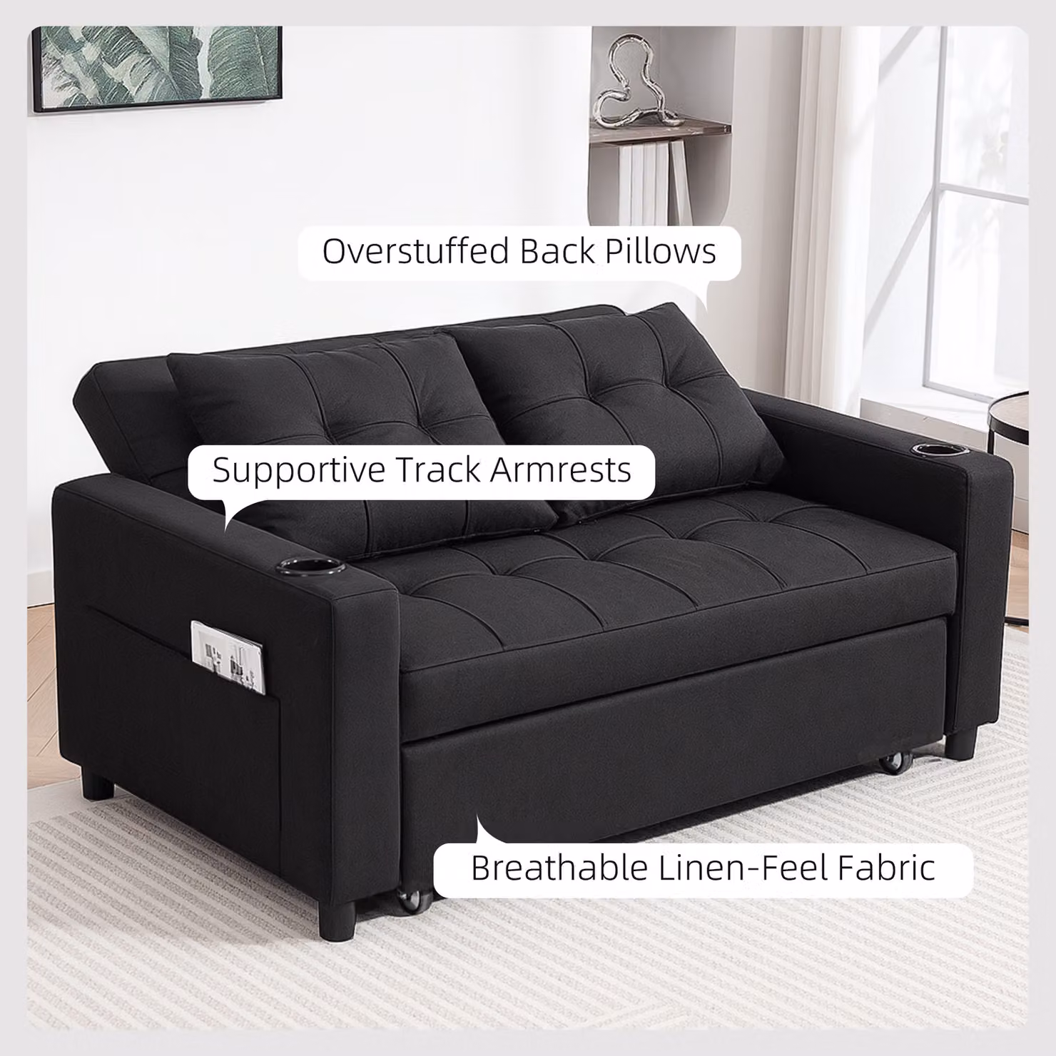 HOMCOM Two-Seater Click-Clack Pull-Out Sofa Bed with Cup Holders in Black – 6