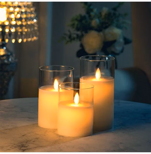 Living and Home 3-Piece Set of Clear Glass Flameless LED Pillar Candles with Remote Control and Timer – 1