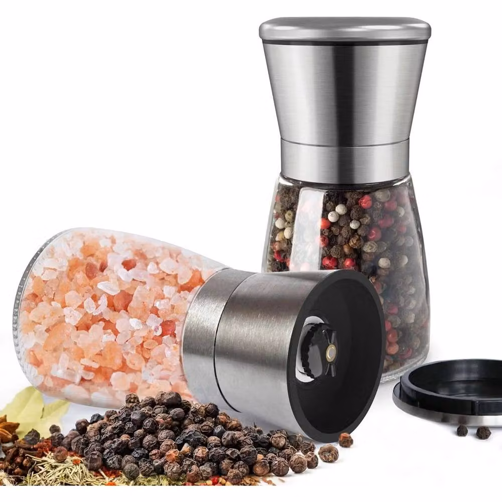 FLAVORA 2-Piece Salt and Pepper Grinder Set in Silver Stainless Steel and Glass – 4