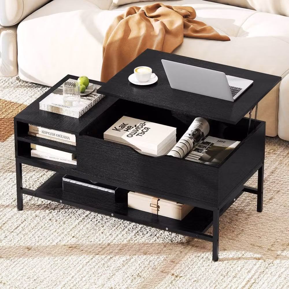 Costway Modern Rectangular Lift Top Coffee Table with Storage Shelf in Black – 8