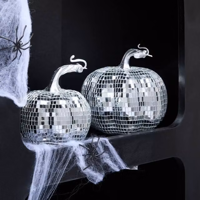 OHS 2 Pack Halloween Pumpkin Disco Mirror Ball Freestanding Party Decor in Silver – 1