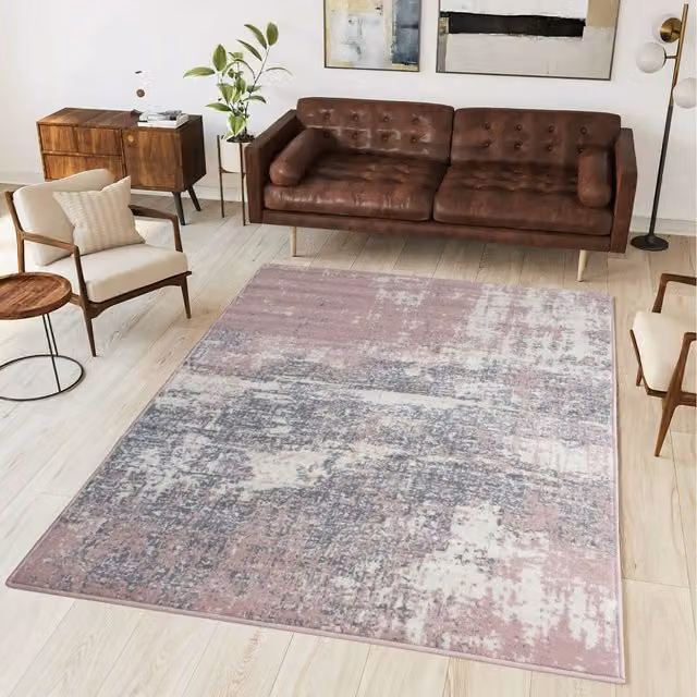 The Rug House Abstract Modern Living Room Rug in Blush Pink and Grey, W: 150 cm, D: 80 cm