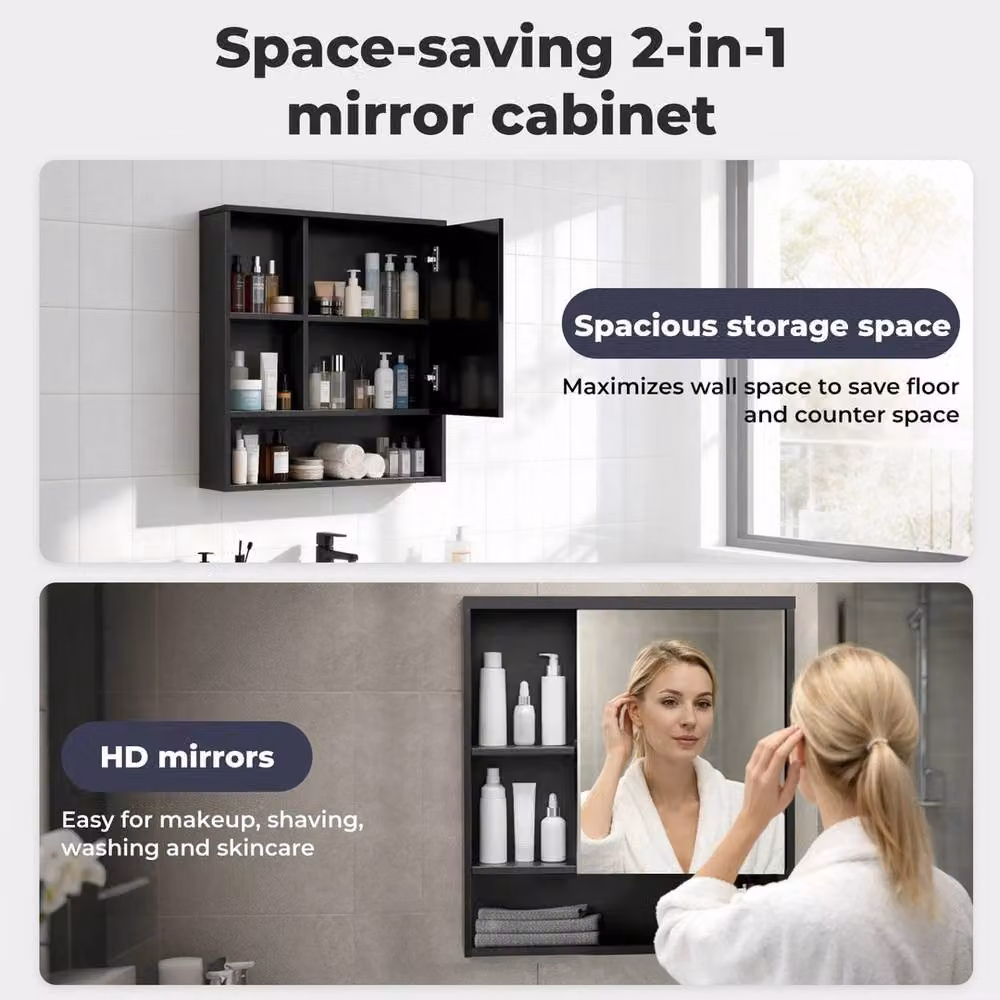VOGREX Black Modern Wall Mounted Bathroom Mirror Cabinet with Open Shelf – 3