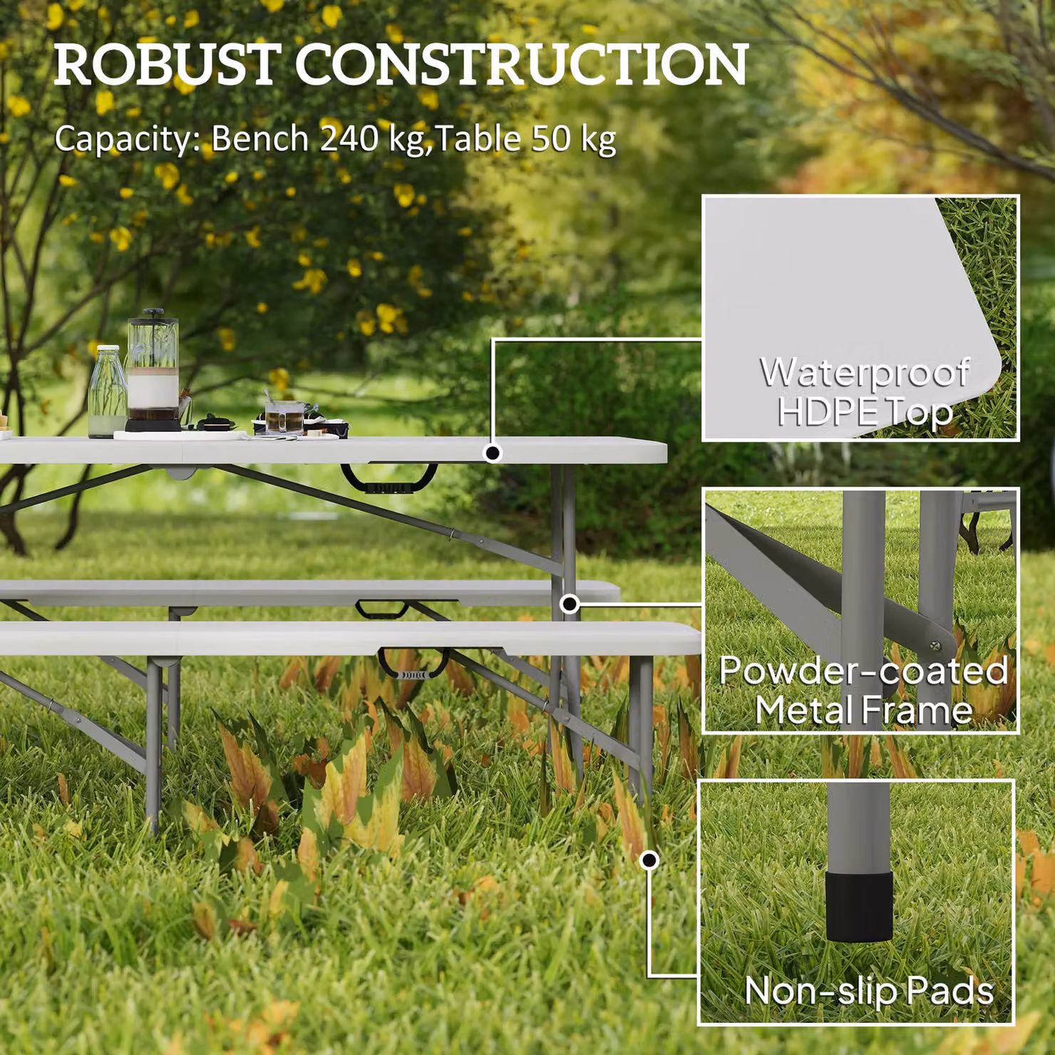 OUTSUNNY 3 Piece Folding Picnic Table and Bench Set in White – 3