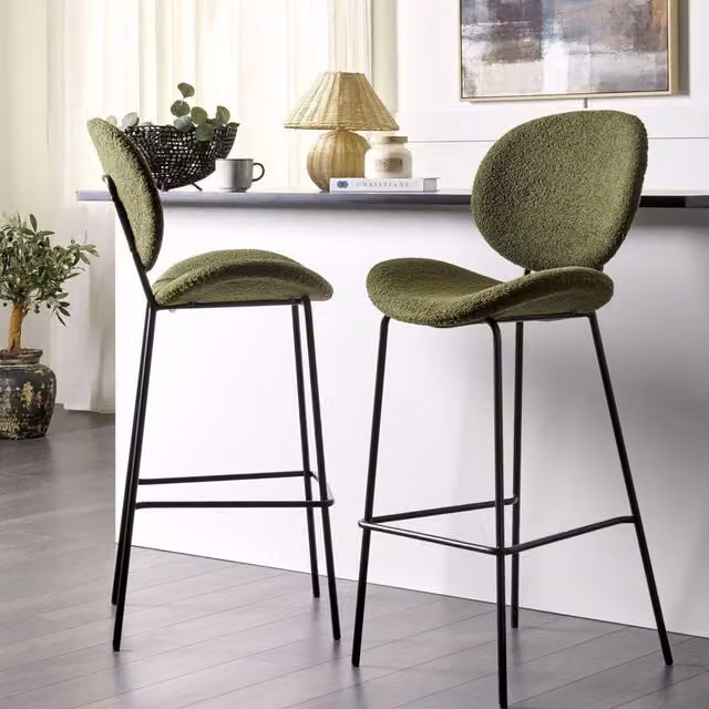 Wyld and Coco Set of 2 Dark Green Boucle Bar Chairs with Black Metal Legs