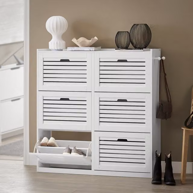 SoBuy Modern White Shoe Storage Cabinet with 6 Tilting Compartments and Ventilation for Hallways