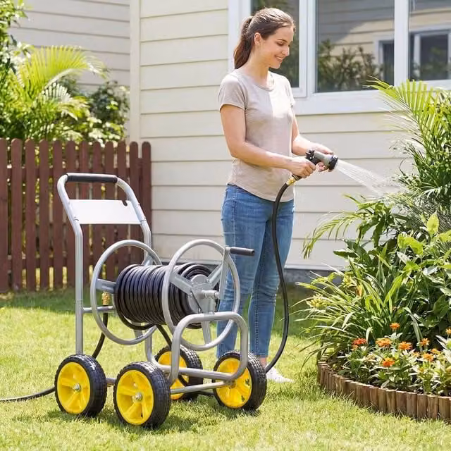 NESTLUNE Silver 4-Wheel Freestanding Garden Hose Reel Cart for 100 m Hoses – 1