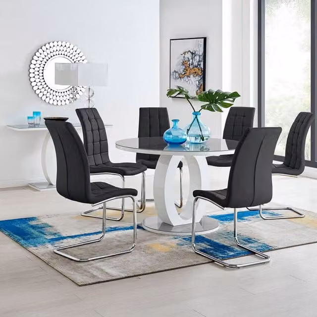 FurnitureboxUK Giovani Round Grey Dining Table and 6 Murano Chairs Set with Glass Top, Diameter: 120 cm, Black