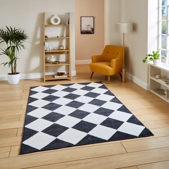 Terrys Modern Checkerboard Washable Rug in Anthracite and White