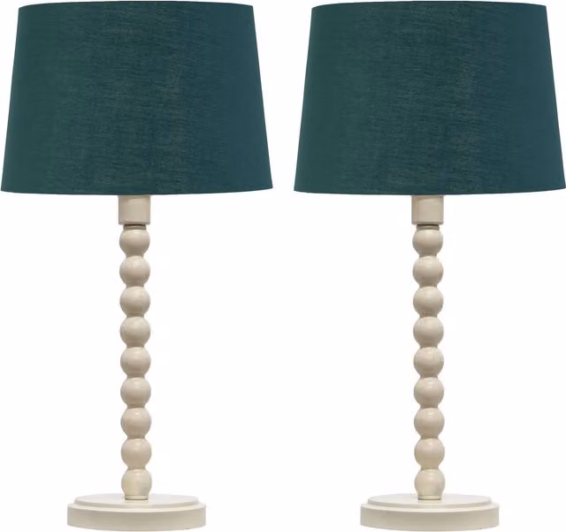 First Choice Lighting Bobbin Set of 2 Table Lamps in White with Green and Gold Shades – 1