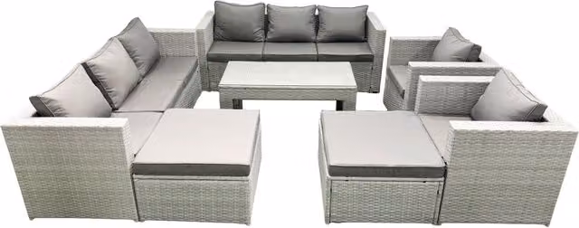 Fimous Rattan Outdoor Garden Furniture Set in Light Grey with 2 Armchairs, Oblong Coffee Table and 2 Footstools