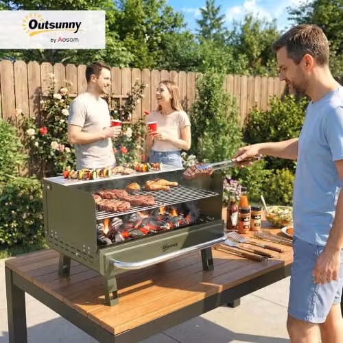 Outsunny Portable Tabletop Charcoal Barbecue Grill with Stainless Steel Warming Rack in Green – 8