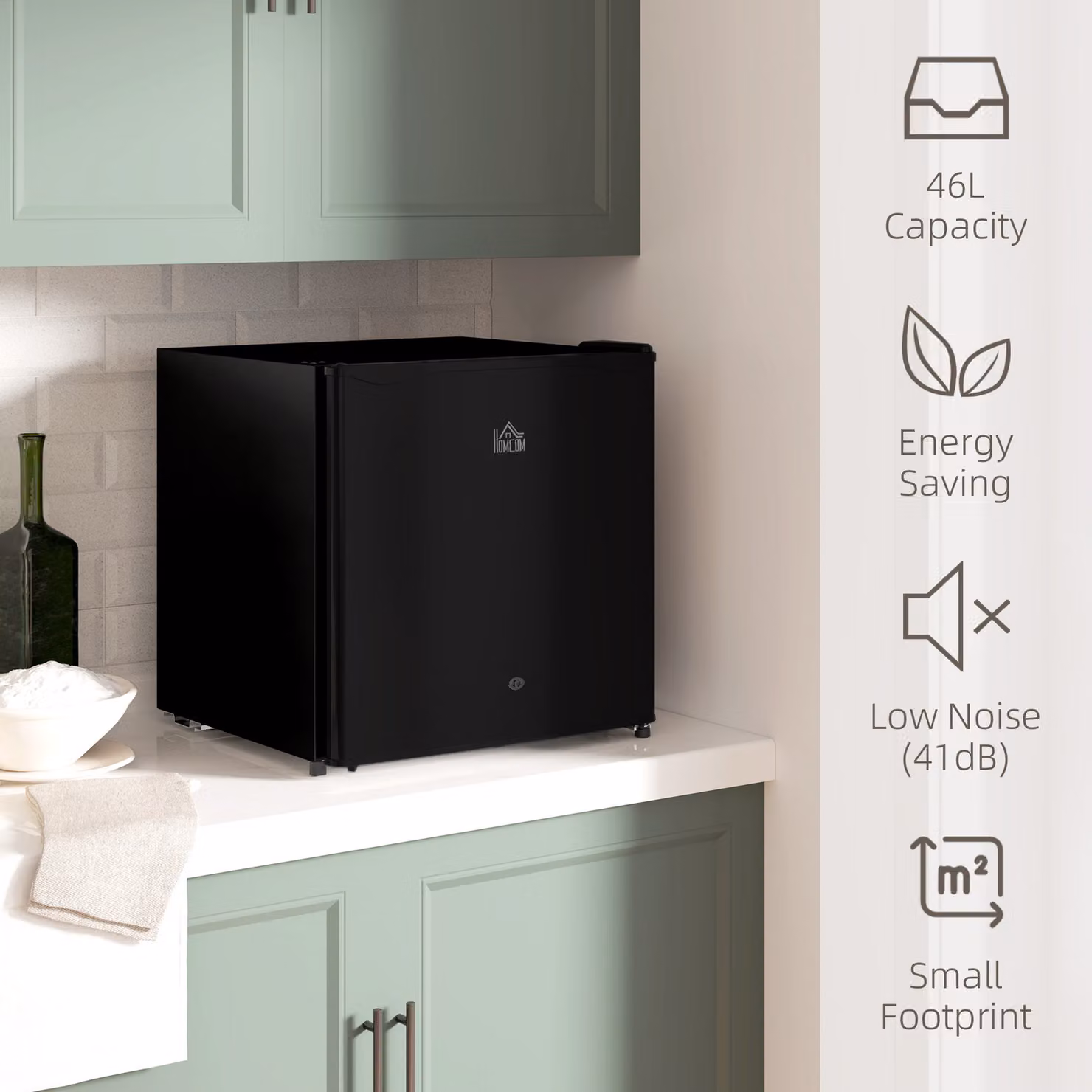 HOMCOM 46 Litre Lockable Countertop Fridge in Black with Reversible Door and Fresh Zone – 3