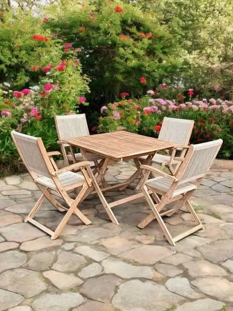 Royalcraft London 90cm Square Folding Garden Dining Set with 4 Natural Acacia Wood Rope Armchairs – 1