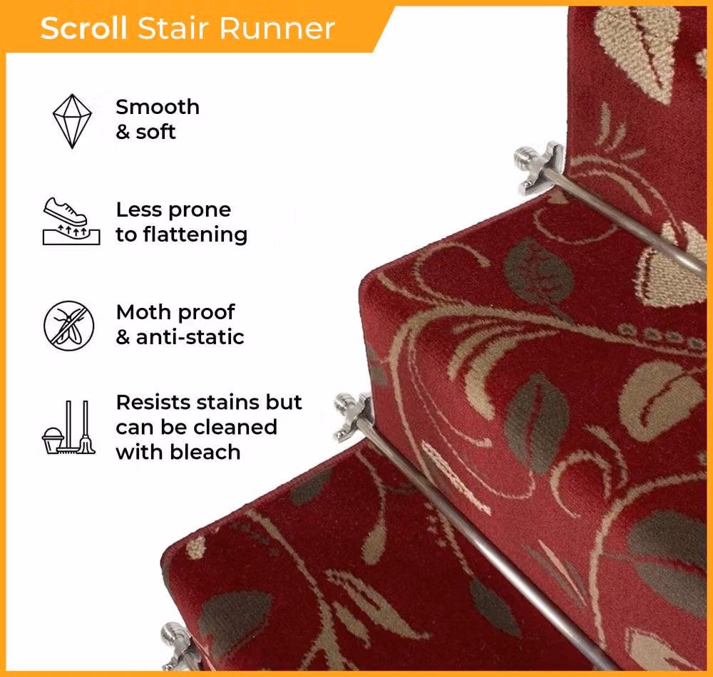 runrug Scroll Stair Runner Carpet in Red, W: 60 cm, L: 480 cm – 3
