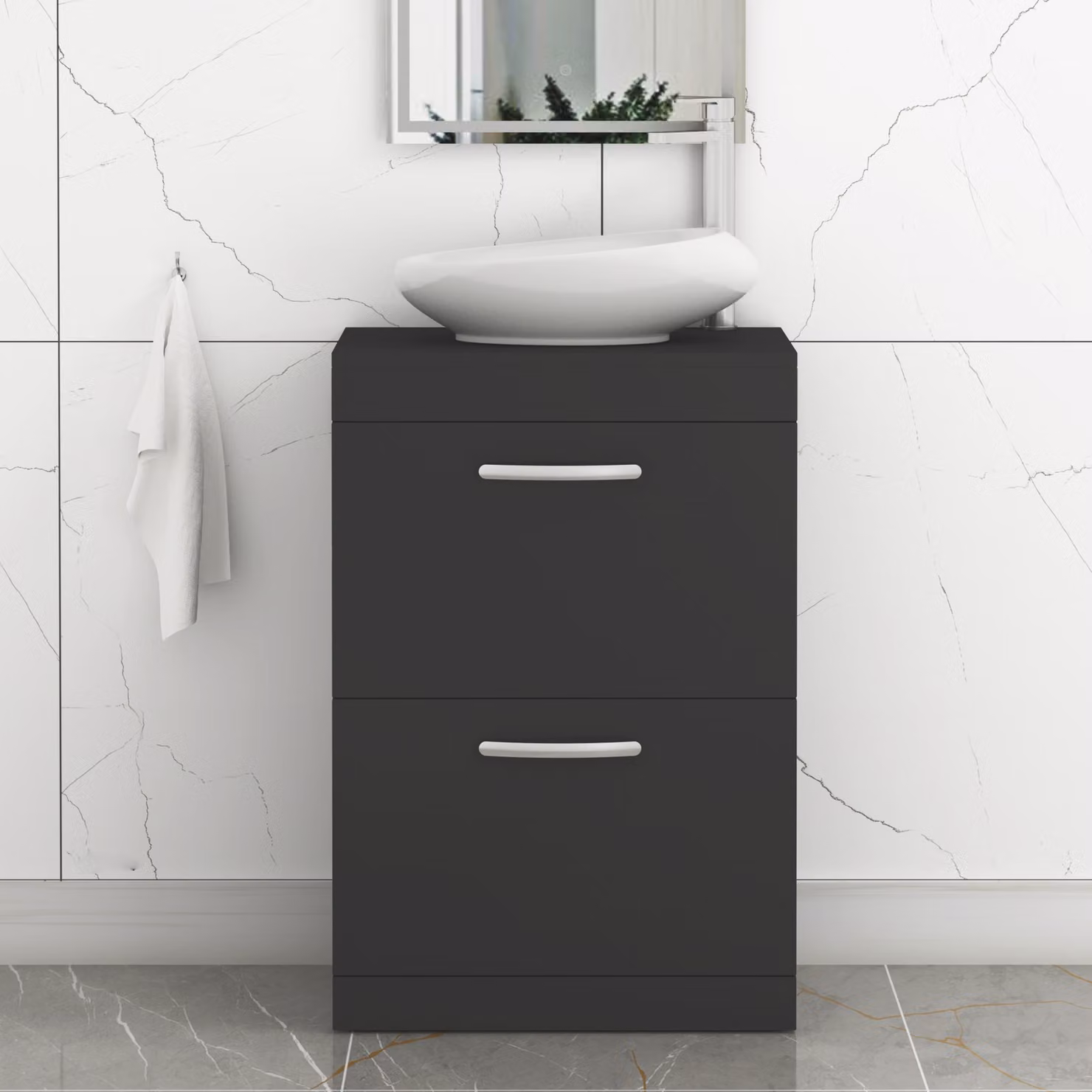 Nova Turin 500mm Floor Standing 2 Drawer Bathroom Vanity Unit with Countertop Basin in Matt Black