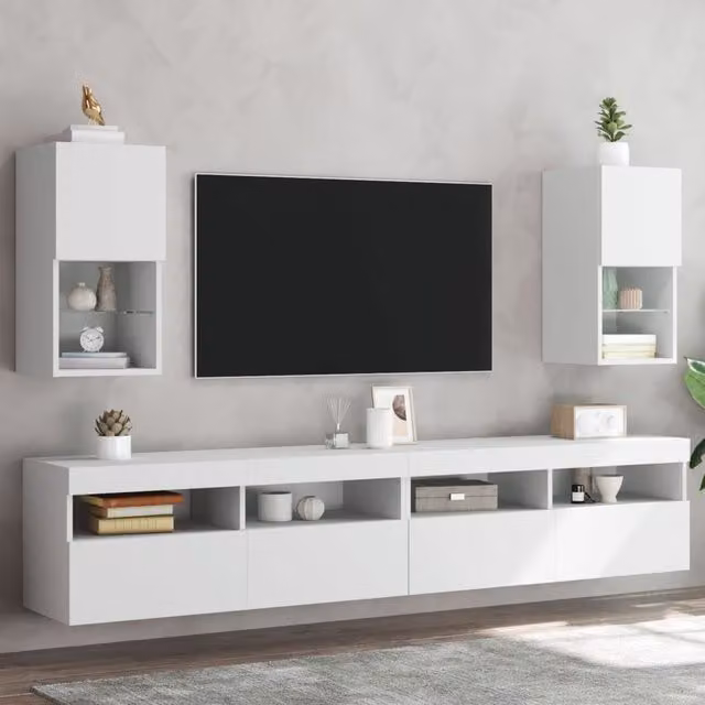 Berkfield Home Set of 2 White Wall Mounted TV Cabinets with Integrated LED Lighting, W/D/H: 30.5 x 30 x 60 cm