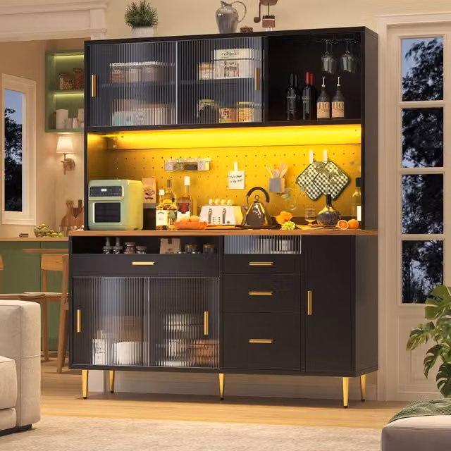 Merax Black Modern Highboard Cabinet with Glass Sliding Doors and Integrated Lighting, H: 171 cm, W: 145 cm, D: 39 cm