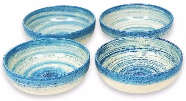 Verano Spanish Ceramics Pastel Beach Hand Painted Ceramic Shallow Bowls, Set of 4, Blue, Diameter: 14 cm – 1