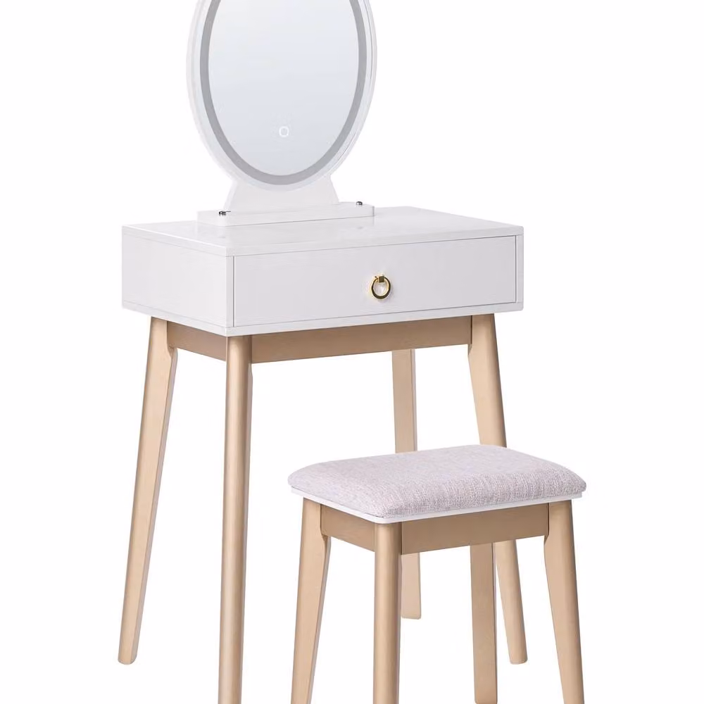 Wyld and Coco Dressing Table with LED Mirror and Stool in White and Gold – 2