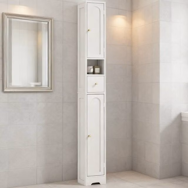ERGOVEXA White Modern Freestanding Bathroom Cabinet with Arched Hinged Doors and Internal Shelves, Height: 185 cm – 1
