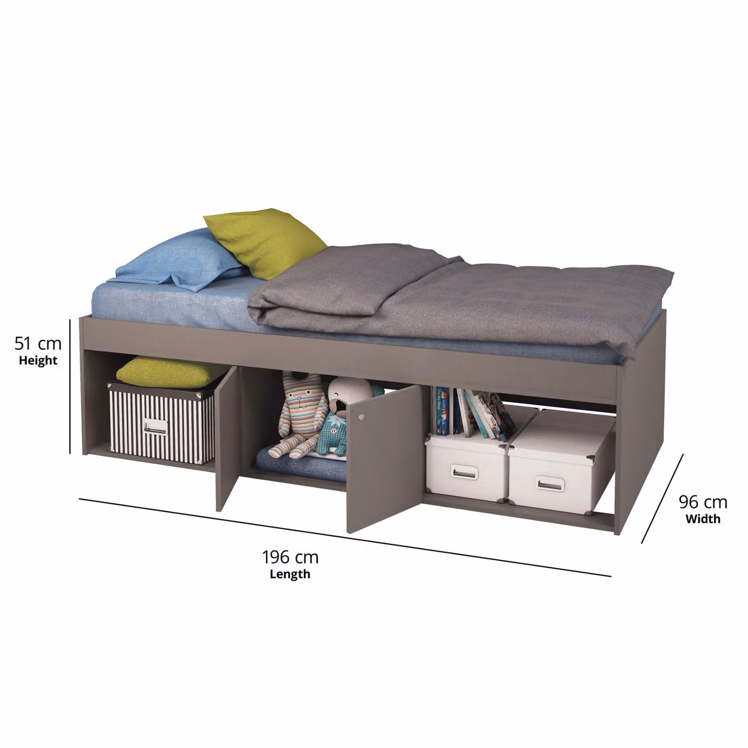 Kidsaw Mid Height Grey Single 3ft Cabin Bed with Side Compartments – 3