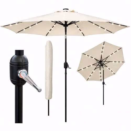 GlamHaus Tilting Garden Parasol with Solar LED Lights and Protective Cover, Beige