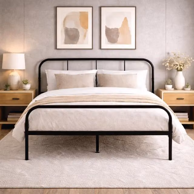 House of Home Double Metal Bed Frame with Rounded Headboard in Black, W/D/H: 140 x 200 cm