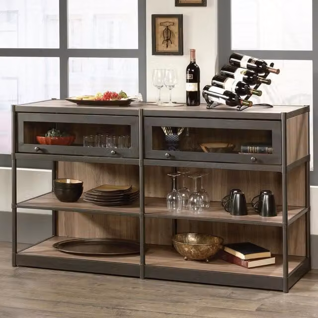 Teknik Industrial Style TV Stand in Brown with Wood, Glass and Metal