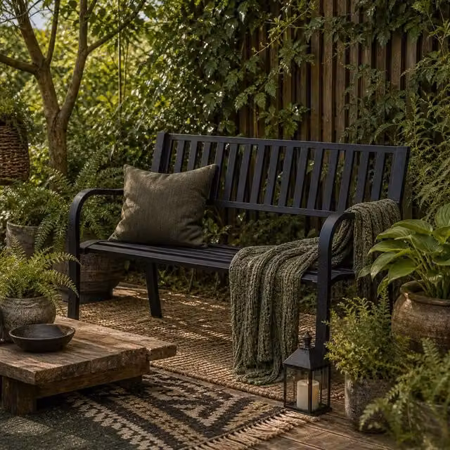 Wyld Haus Dosu Metal Outdoor Garden Bench Loveseat in Matt Black, W: 127.0 cm, D: 60.0 cm, H: 81.0 cm – 1