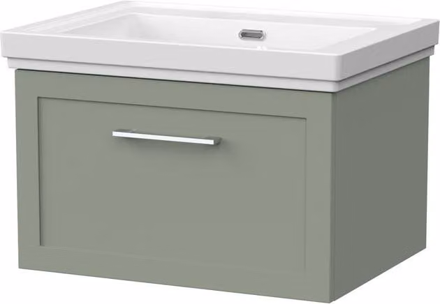 Balterley Stonnall 1 Drawer Wall Mounted Vanity Unit and 0TH Fireclay Basin in Reed Green, Width: 60 cm