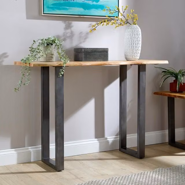 Home Source Live Edge Acacia Wood Console Table with Black Metal Legs in Natural and Brown
