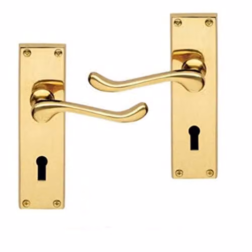 Golden Grace Victorian Scroll Lever Lock Door Handles with Plate in Polished Brass Finish, W: 150 mm, H: 40 mm