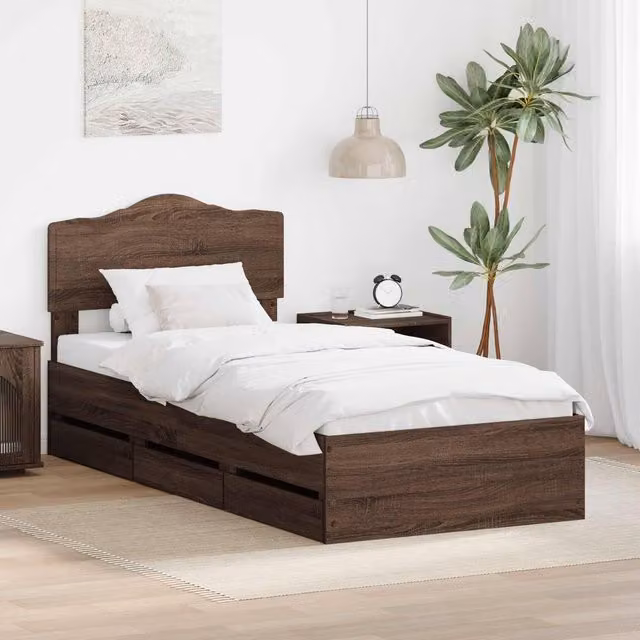 Berkfield Home Modern Bed Frame with Drawers in Brown Oak, Engineered Wood, W/D/H: 75 x 190 cm – 1
