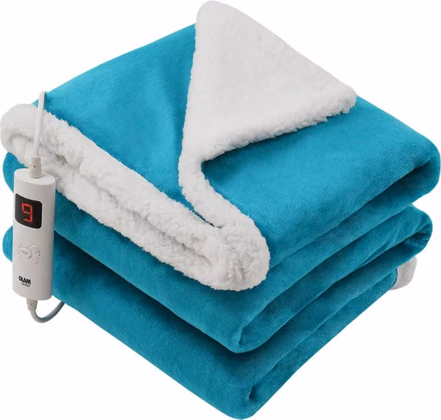 GlamHaus Heated Electric Fleece Blanket in Light Blue