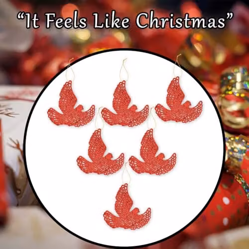 VFM e-Store Red Glitter Hanging Dove Christmas Tree Decorations, Pack of 6, W/D/H: 20 x 11.5 x 2 cm – 6