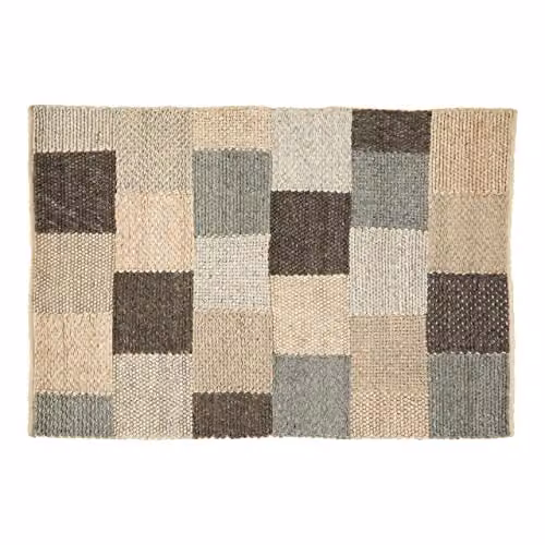 Premier Housewares Small Box Design Patchwork Rug in Grey, White and Multicolour, Woven Cotton and Wool Blend, W: 180 cm, D: 120 cm, H: 1 cm