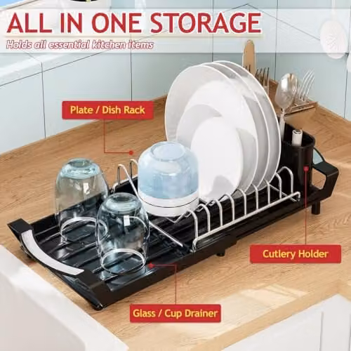Spares2go Expandable Stainless Steel Dish Drainer with Cutlery Holder, Black – 3