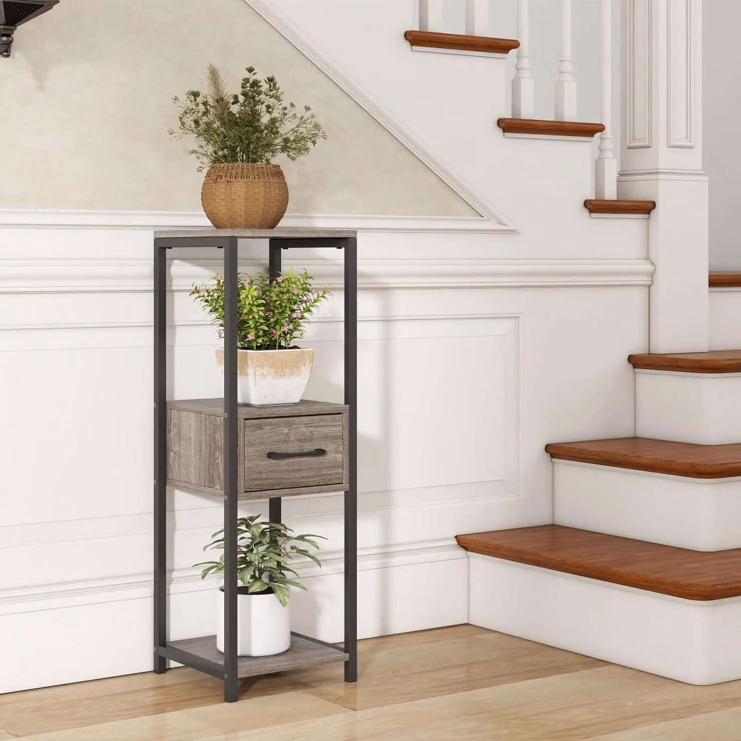 Costway 3 Tier Tall Metal Plant Stand with Drawer in Grey – 3