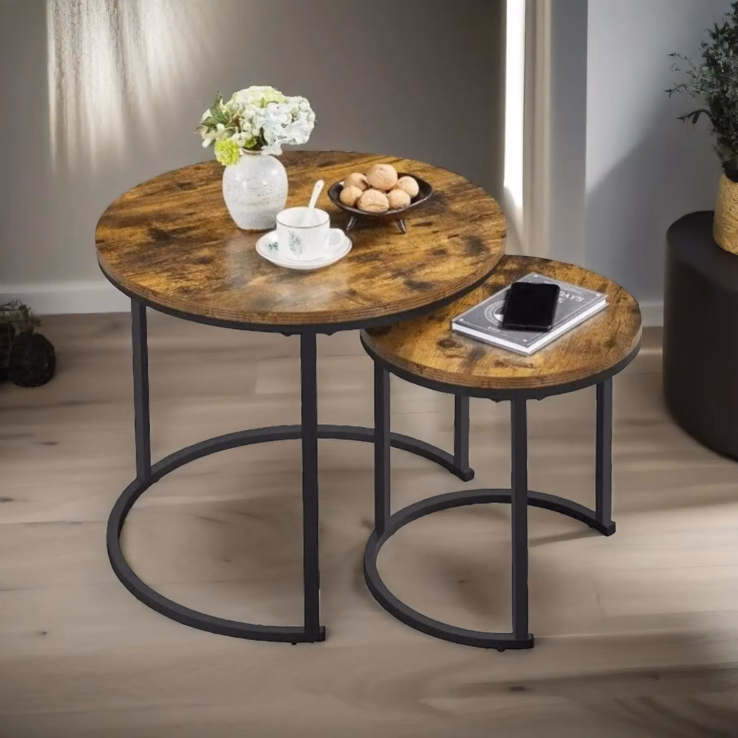 Pirlo Plush Set of 2 Round Nesting Tables in Rustic Brown, W/D/H: 60 x 60 x 50.5 cm and 45 x 45 x 45 cm – 3