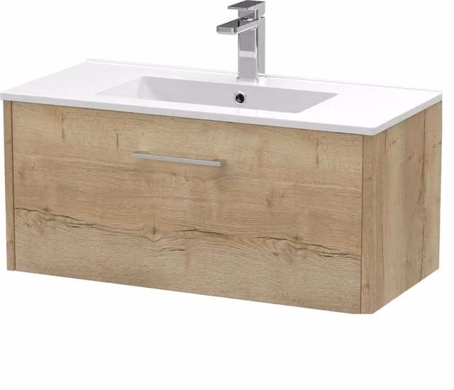 Balterley Winshill 1 Drawer Wall Hung Vanity Basin Unit, Light Oak, Brown, Width: 80 cm