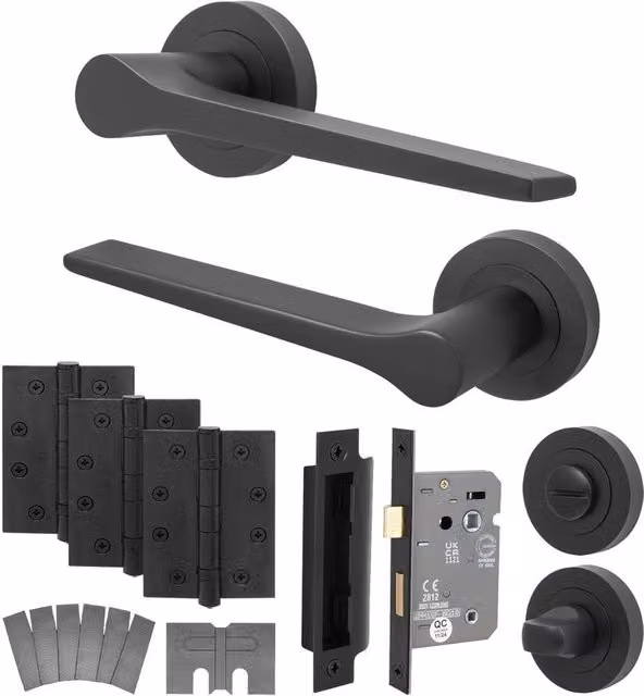 AFIT Matt Black Fire Door Handle and Bathroom Lock Set with Hinges, 1 Pack
