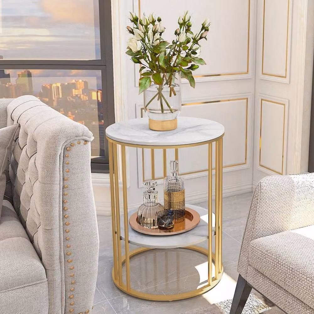 EONLION Round Ceramic Coffee Table with Gold Metal Base in White and Gold, Diameter: 100 cm, Height: 54 cm – 3
