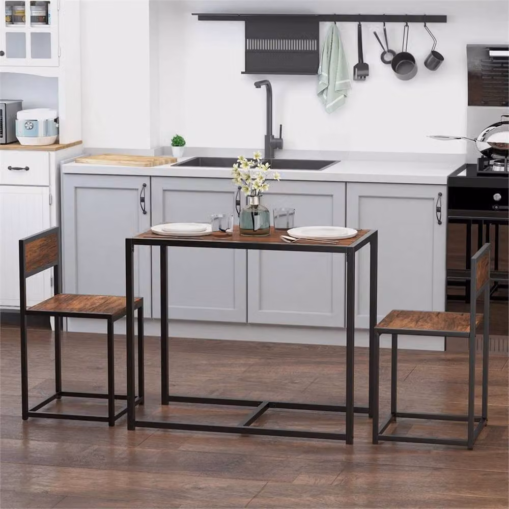 Nordara 3 Piece Industrial Dining Set with Rectangular Table and Chairs in Black and Brown – 6