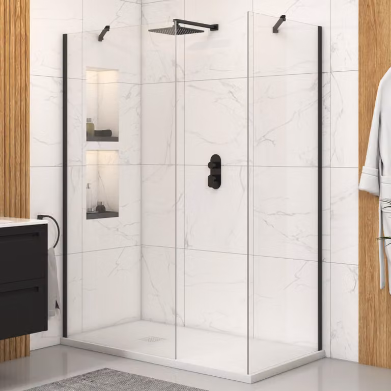 Royal Bathrooms Marbella Walk In Shower Enclosure with White Mineral Cast Stone Tray and 8mm Easy Clean Glass, Matt Black, W: 160 cm, D: 70 cm