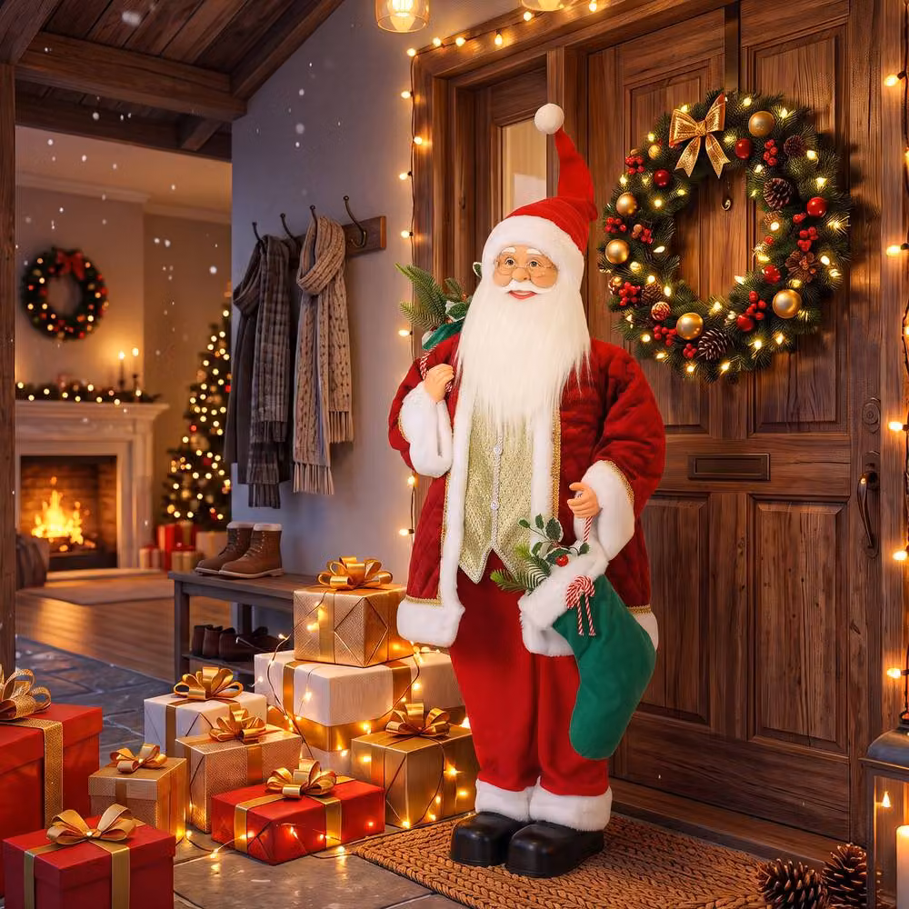 HOMCOM Singing and Dancing Christmas Santa Claus with Stocking and Sack in Red and Gold, Height: 120 cm – 2
