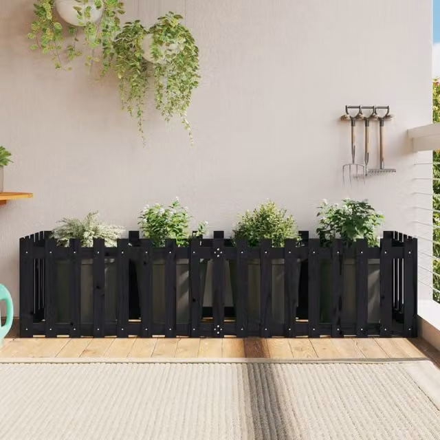 Berkfield Home Garden Raised Bed with Fence Design in Black, Solid Wood Pine, W/D/H: 200 x 50 x 50 cm